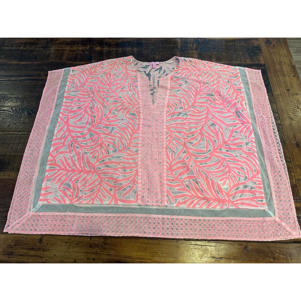 Lilly Pulitzer Pink White Palm Leaf Lace Poncho‎ Swim Cover Up S / M